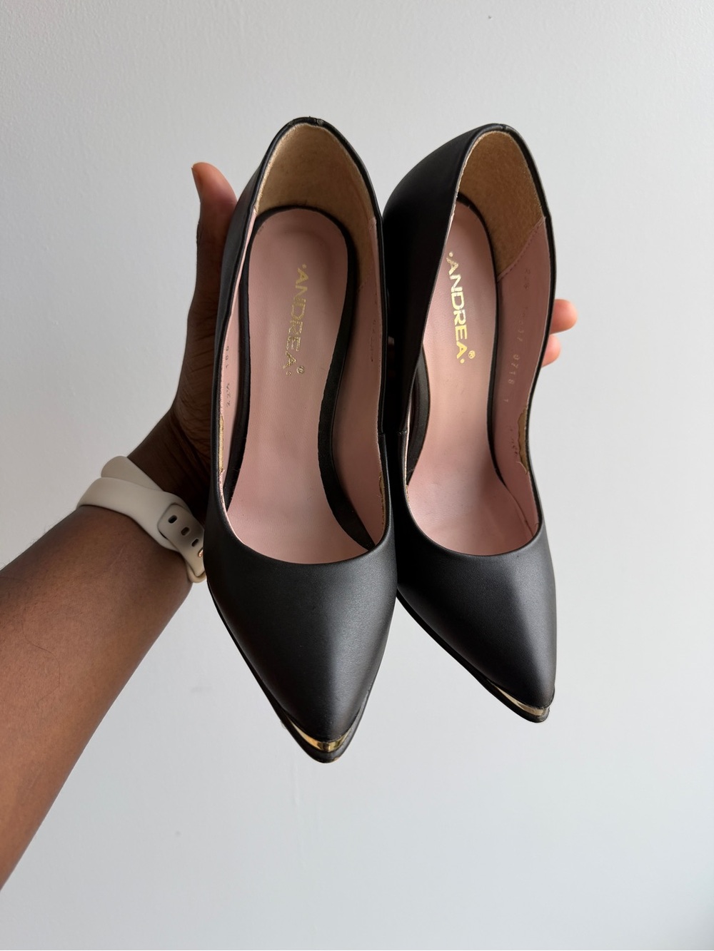 ANDREA Black Pointed Pumps with Gold Toe Detail